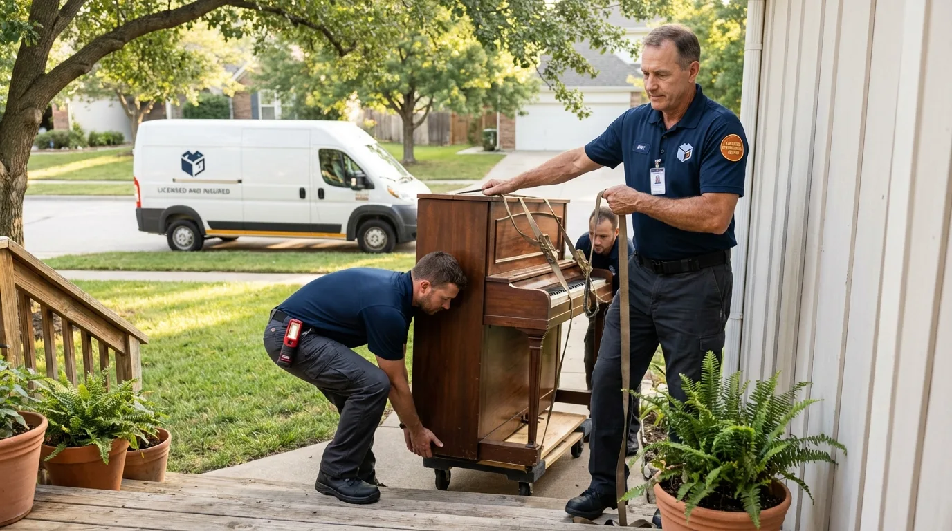 Licensed piano movers securing grand piano in Island Heights, NJ