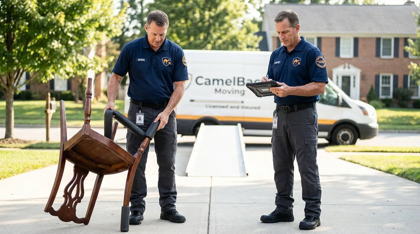 Movers inspecting furniture for damage prevention before loading in Island Heights, NJ