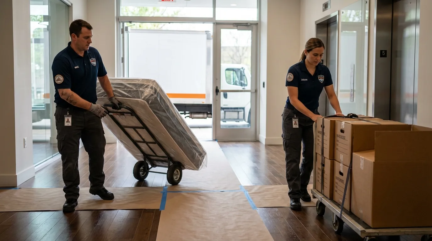 Professional apartment movers loading elevator in Island Heights, NJ