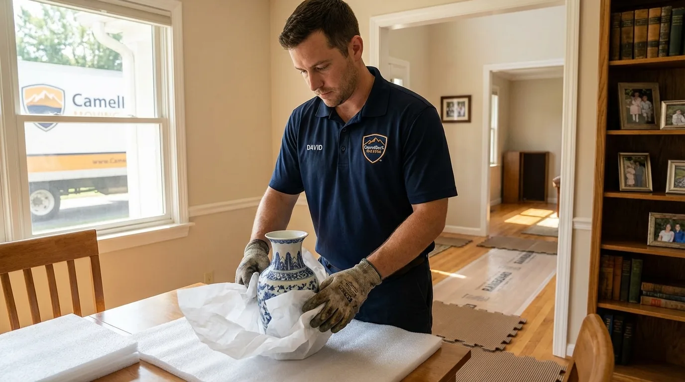 Professional crew carefully wrapping antique vase for senior downsizing move in Island Heights, NJ